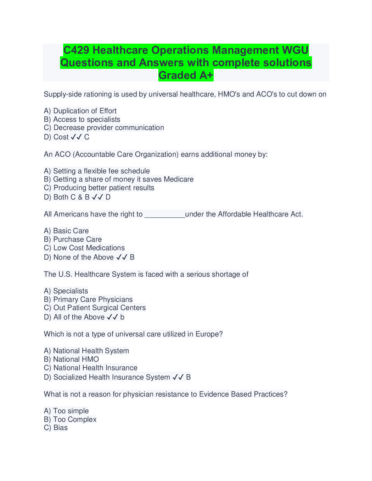 Preview of C429 Healthcare Operations Management WGU Questions and Answers with complete solutions Gr